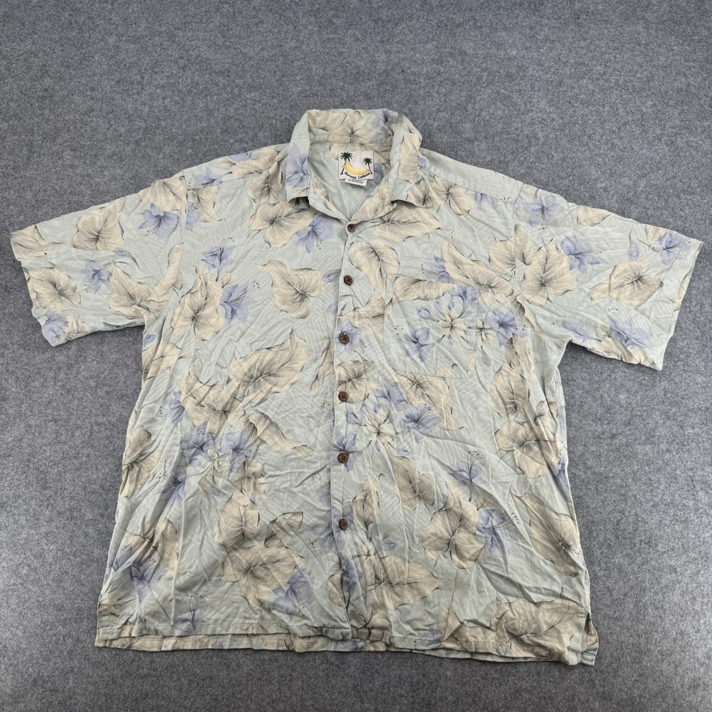 Banana Cabana Mens XL Silk Tropical Floral Camp Shirt Sage Green Short Sleeve